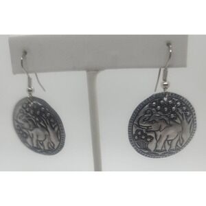 Vintage silver tone dangle pierced ELEPHANT & flowers round earrings